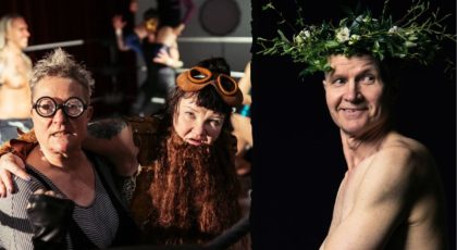 Teatteri Avoimet Ovet Kuvassa Tiina Weckström ja Minna Kivelä Open Road Show'n hahmoissaan AL ja Enkeli, ja Taisto Reimaluoto Elis Sinistön roolissa