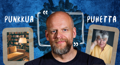 Teatteri Avoimet Ovet Punkkua ja puhetta. Kuvassa Janne Saarikivi ja Pirkko Saisio sinistä taustaa vasten.